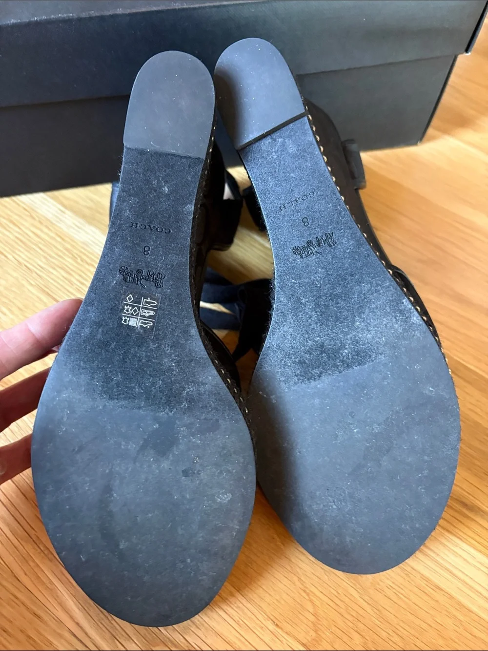 Coach Black Page Signature Canvas Wedge Sandals with Ankle Tie Detail